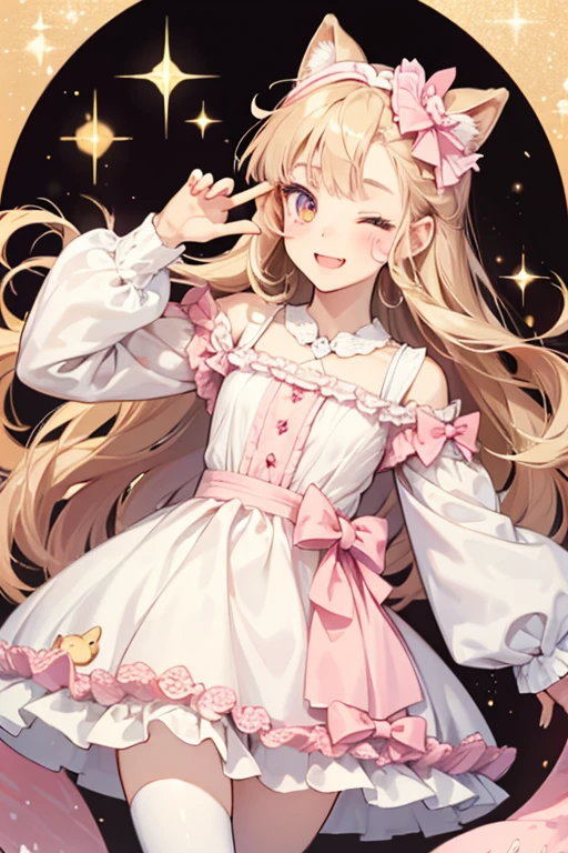 A pale brown girl cat roll num winking with no mouth. She has a swirl of vanilla cream through her and chocolate icing on her head, along with a pink bow. SPARKLE; GLITTER