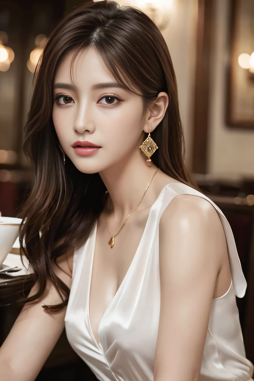 masterpiece, Highest quality, Realistic, Very detailed, Finer details, High resolution, 8k wallpaper, One beautiful woman, Wear a pretty colored silk shirt, In a great restaurant, At night, Light brown messy hair, Perfect dynamic composition, Beautiful and beautiful eyes、Big earrings、chest、Sleeveless shirt、