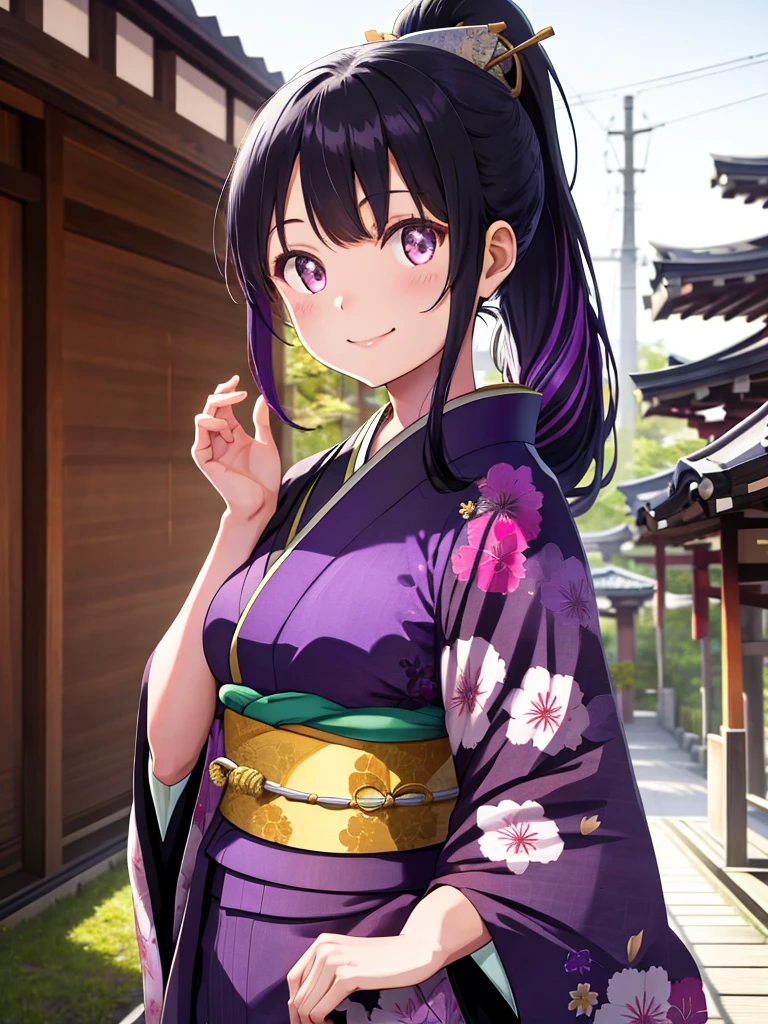 Kyoto, High resolution, Highest quality, 1 girl solo, smile, kimono, Black Hair, Purple highlights, ponytail