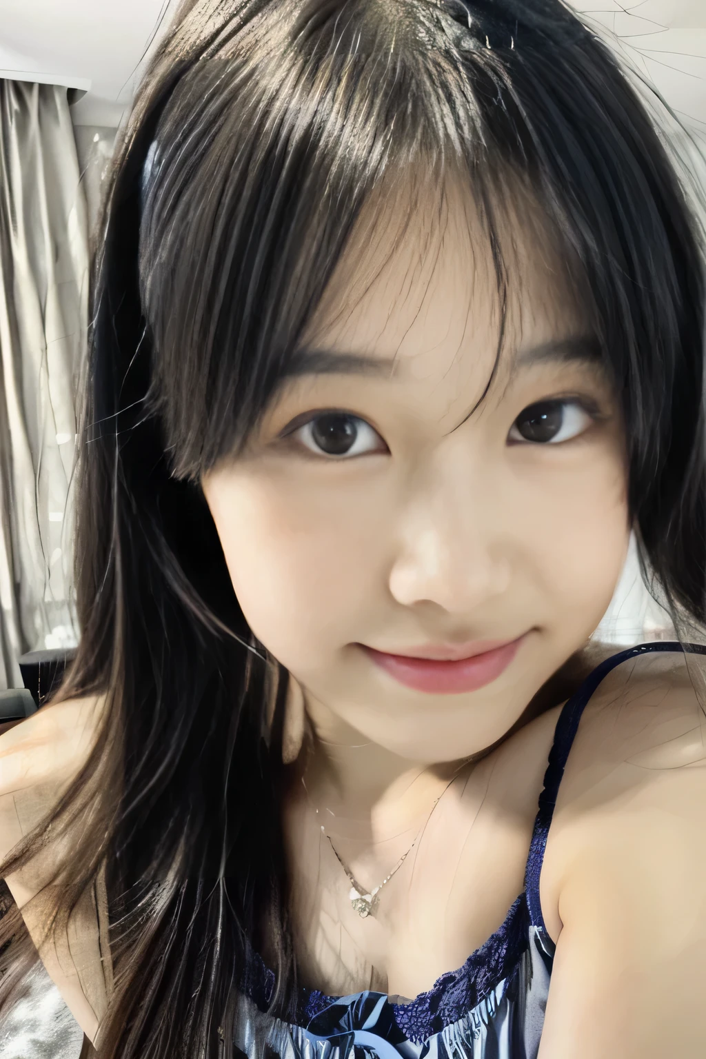 (masterpiece,best quality:1.4),(8k,raw photo,photo realistic:1.2),(shiny skin),detailed skin,detailed face,detailed eyes,Sparkling eyes:1.3,{{{(((blue sexy camisole:1.3)))}},Detailed Background,detailed hand,1girl, (brown hair), random hair style,,hair ribbon,self,Instagram-style,bath, Living room, very beautiful cute, beautiful asian,((chinese model)), girl cute-fine-face, (korean girl),Cute smile, (Detailed lingerie design),{{gray eyes:1.3}},(pussy line:1.2),Low angle, upper body,From bottom:1,(fece view),((front view)),nsfw