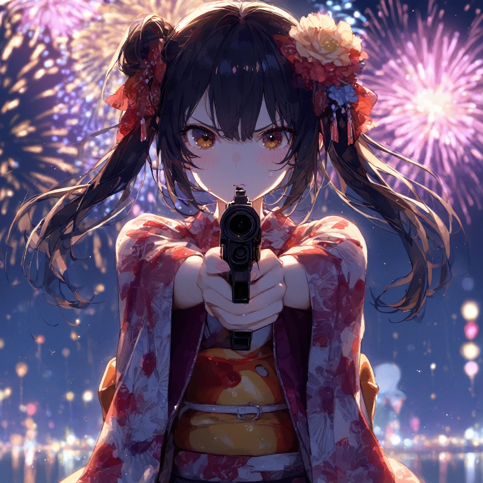  masterpiece, best quality, 1girl, black  tegaki、have a gun、summer、firework、backlighting、shadow