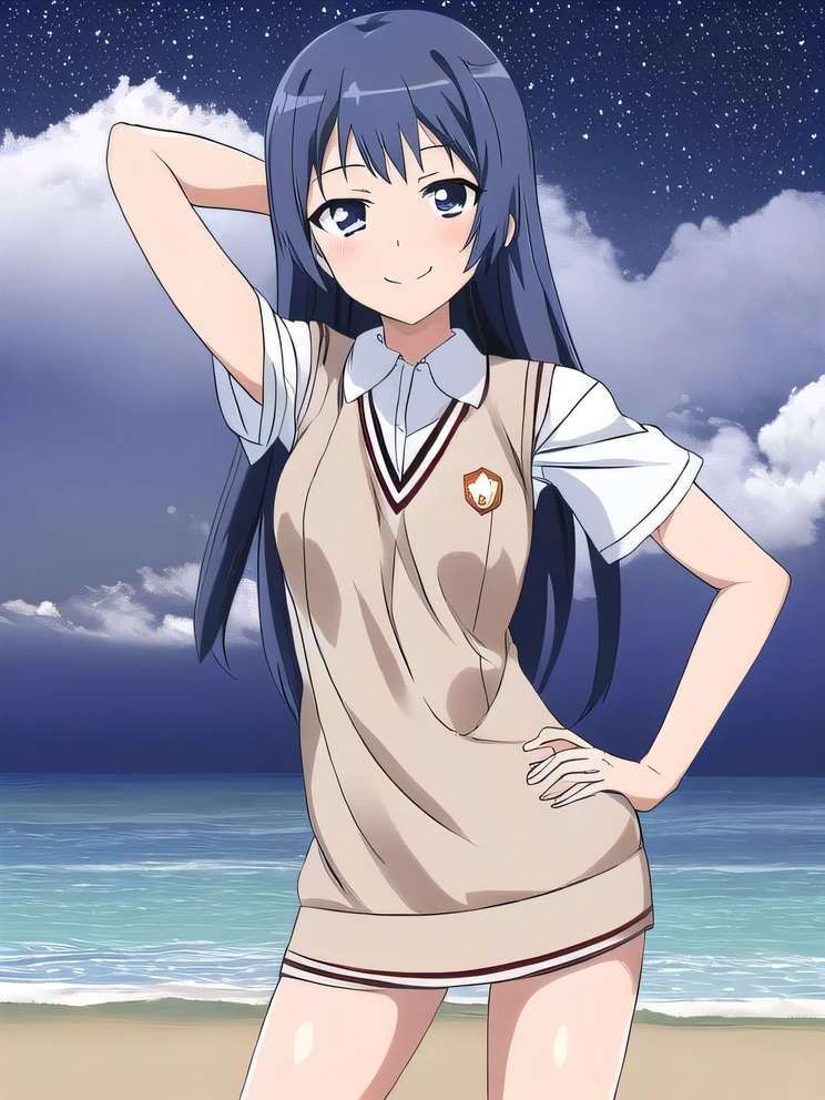 awatsuki maaya, source anime, blue hair, long hair, chopped short bangs, blue eyes, medium breasts, tokiwadai school uniform, white short sleeve shirt, light yellow sweater vest, grey pleated miniskirt, white socks, shoes, solo, 1girl, high quality, closed mouth, looking at viewer, smile, showing armpit, looking at viewer, solo, contrapposto, spread armpit, arm behind head, hand on hip, smile, looking at viewer, cowboy shot, closed mouth, night sky, beach, best quality, blushing