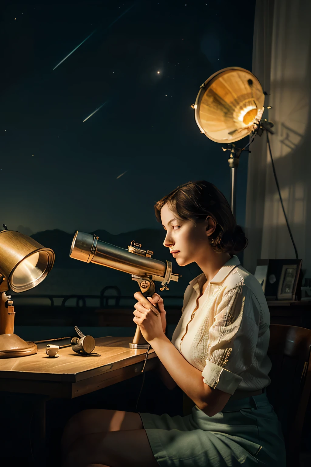 distant view, a beautiful astronomer observing the stars through a vintage telescope, intricate art deco details, retro style, cinematic lighting, warm color tones, highly detailed, award-winning digital art, masterpiece