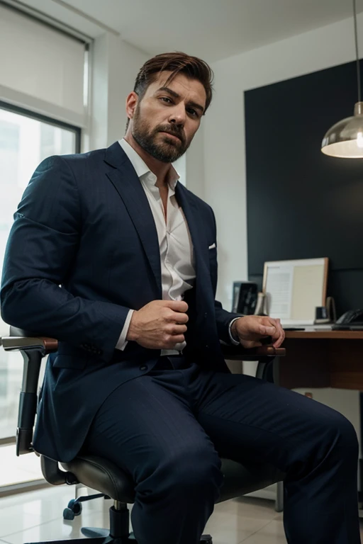 :
"A low-angle shot capturing a muscular businessman seated casually in an office chair. He is dressed in a tailored blue suit that accentuates his broad shoulders and strong build, paired with polished brown shoes. His short hair is neatly styled, complementing his well-groomed round beard, which adds to his distinguished yet approachable look. He sits with a relaxed posture, his arms resting confidently on the chair's armrests, exuding an air of authority and self-assurance. His personality is commanding, stubborn, and headstrong, yet he has a natural charm. However, when he doesn't get his way, he can become rough and aggressive."