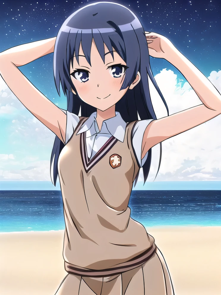 awatsuki maaya, source anime, blue hair, long hair, chopped short bangs, blue eyes, medium breasts, tokiwadai school uniform, white short sleeve shirt, light yellow sweater vest, grey pleated miniskirt, white socks, shoes, solo, 1girl, high quality, closed mouth, looking at viewer, smile, showing armpit, looking at viewer, solo, contrapposto, spread armpit, arms behind head, smile, looking at viewer, cowboy shot, closed mouth, night sky, beach, best quality, blushing