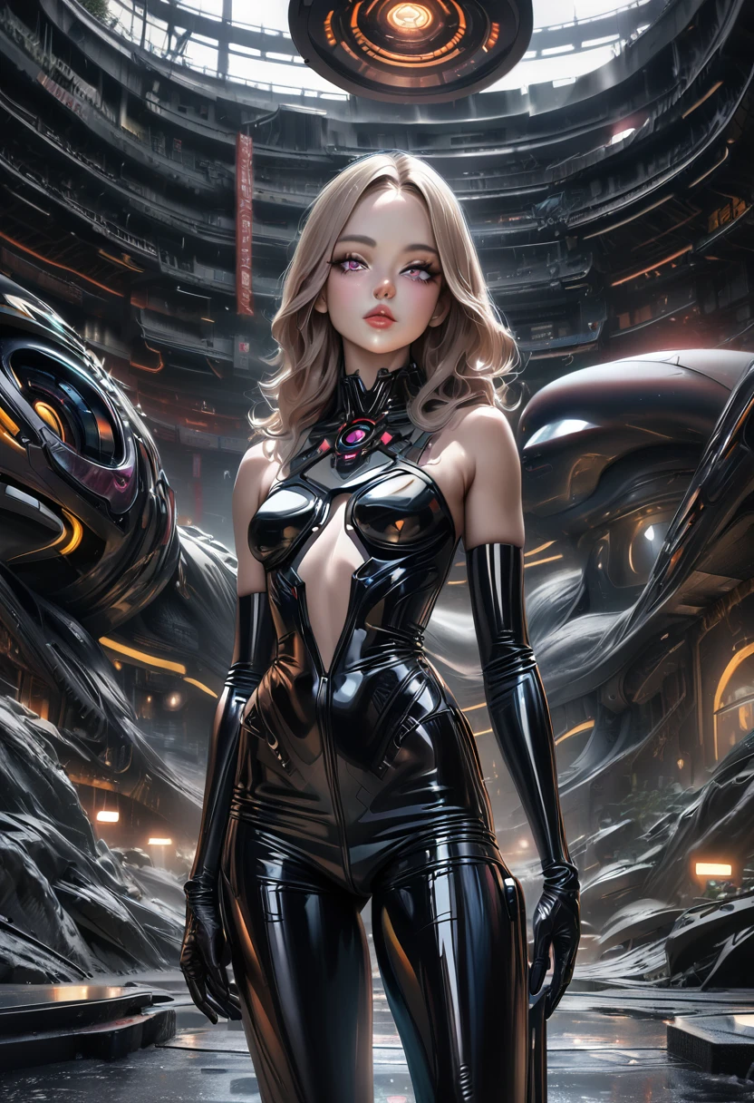 a beautiful young woman wearing a black latex bodysuit, sleek black high heels, and latex gloves, with a symbiotic alien parasite emerging from her body, set in a futuristic, high-tech Chinese-inspired landscape, with a serene, graceful expression, beautiful detailed eyes, beautiful detailed lips, extremely detailed eyes and face, long eyelashes, (best quality,4k,8k,highres,masterpiece:1.2),ultra-detailed,(realistic,photorealistic,photo-realistic:1.37),HDR,UHR,studio lighting,ultra-fine painting,sharp focus,physically-based rendering,extreme detail description,professional,vivid colors,bokeh,dark tones,gothic,cyberpunk,concept art