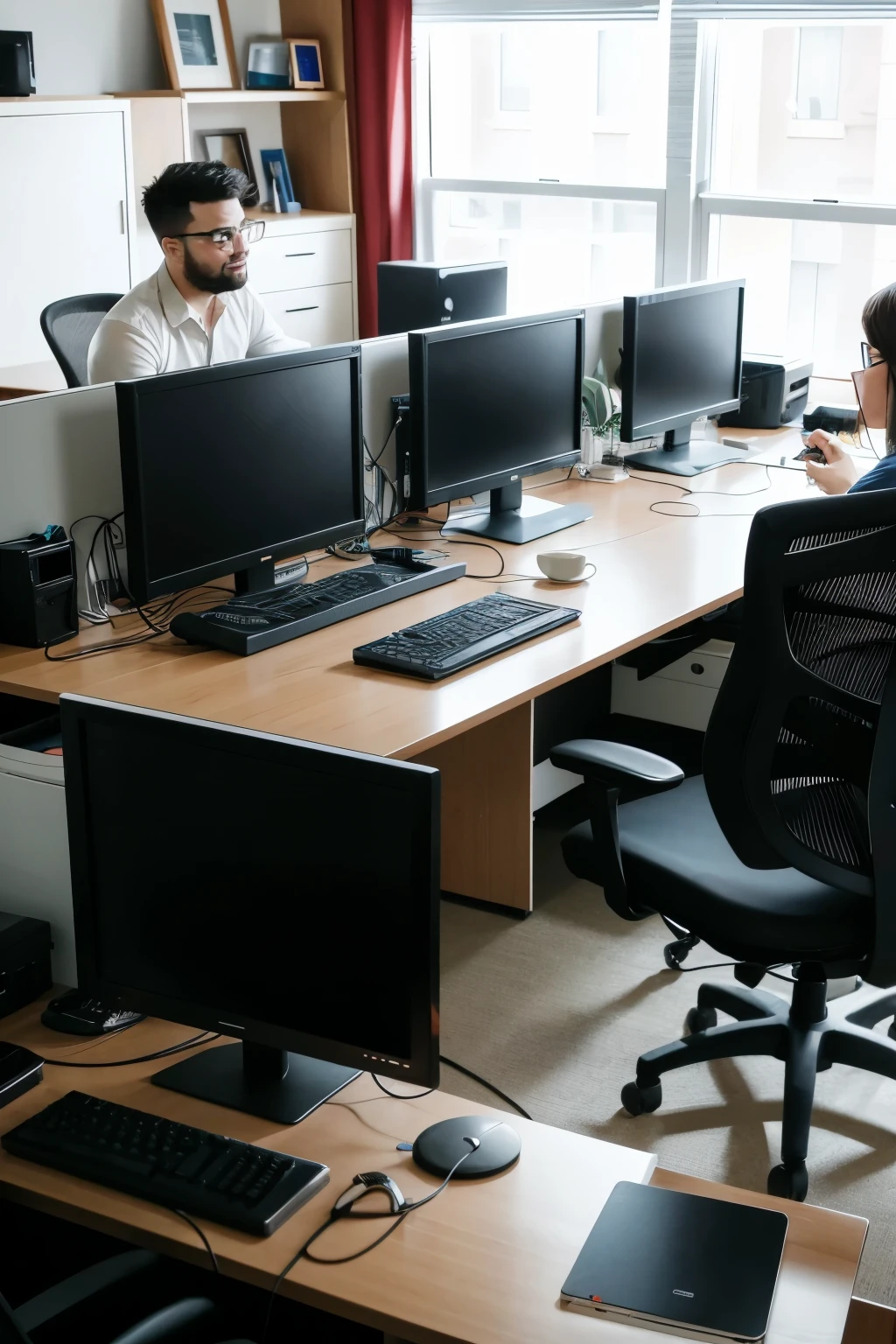 3 men, 2 women working on 5 computers, small office, accounting