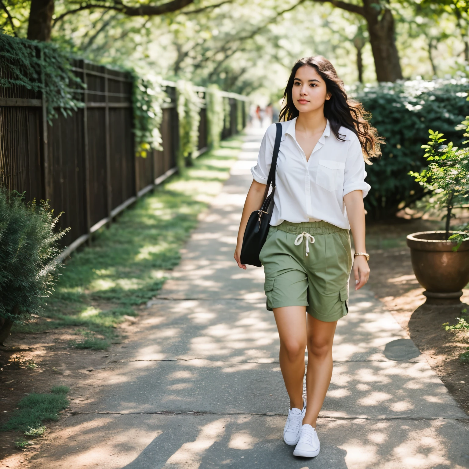((best quality)), ((masterpiece)), (detailed), young latina woman, dark, wavy hair, round face and slender body, embarking on a photography walk, her eyes alive with curiosity and creativity. She's dressed in a crisp white casual shirt, its light fabric fluttering gently with each step she takes. Her khaki cargo shorts are practical and stylish, with plenty of pockets to stow away extra lenses, memory cards, and other essentials. On her feet, she wears a pair of comfortable green sneakers, perfect for walking long distances without losing an ounce of energy. The soft hues of her outfit blend seamlessly with the natural surroundings, allowing her to focus on capturing the world through her lens. With her camera slung across her shoulder, she moves effortlessly from one intriguing scene to the next, ready to freeze moments in time. Every snap of the shutter reflects her passion for photography, and her relaxed yet attentive demeanor makes her a natural at spotting the beauty in everyday life.