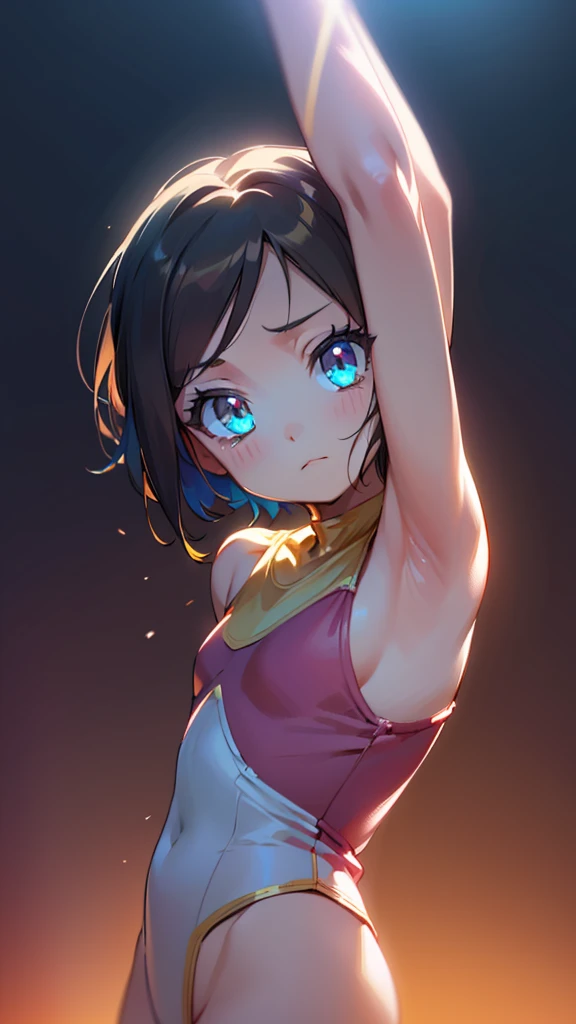 beautiful 1child gymnast leotard, extremely detailed face and eyes, long eyelashes, dynamic pose, colorful leotard, soft lighting, vibrant colors, cinematic lighting, 16k , 