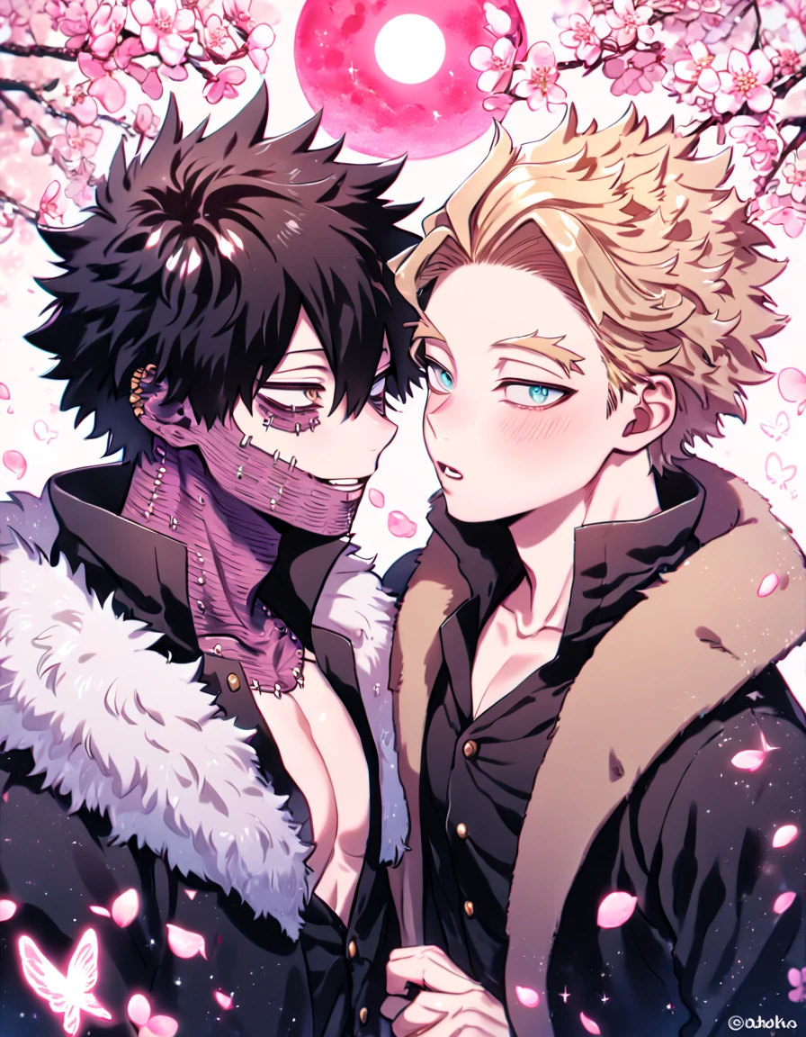 absurdres, highres, ultra detailed, HDR, master piece, best quality, extremely detailed, Hawks, ash-blonde hair, expressive golden-brown eyes, Boku No Hero Academia, Dabi, black hair, expressive turquoise eyes, two sexy men together, yaoi, gay coupe, handsome, sensual, brown coat with fur collar, black coat, magical, sparkling, pink glittering fireflies, pink ice, pink ice butterflies, pink ice petals, pink ice cherry blossoms, pink crystal, pink flowers, pink moon