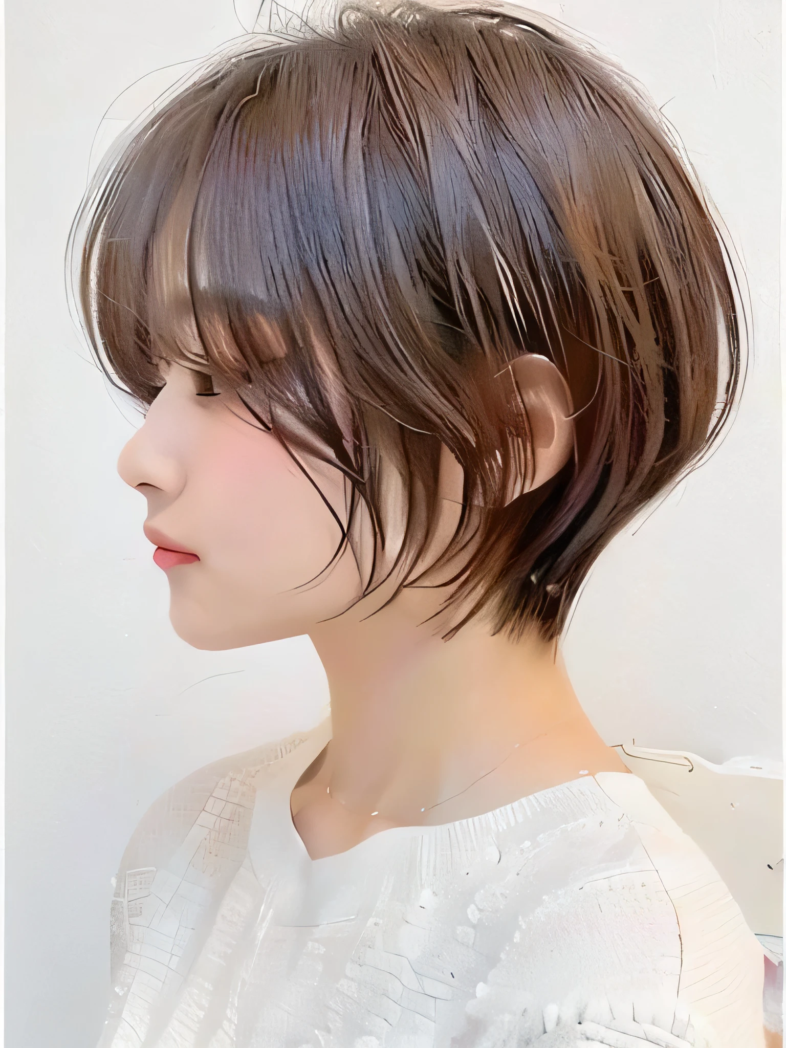 (highest quality、8k、32K、masterpiece、nffsw:1.2)、cute japanese women photos、long sleeve dress、very short bobbed hair、Upper half of weist、surface focus、light smile、light brush、extra large size_sweater、necklace、simple background、From above、looking at the viewer、mix 4、(8k、Raw photo、highest quality、masterpiece:1.2)、(realistic、Photoreal:1.37)、1 girl、cute、natural lighting、photon mapping、Physically based rendering、shortcut、short hair、Handsome、girly、excellent image quality、High resolution、1080P、(clean face)、(Detailed facial description)、(detailed description of handasseter muscle part)、(Detailed CG)、 extreme light and shadow、hair is dirty、masterpiece、Rich details、(exquisite features)、(best image quality)、(masterpiece)、(detailed eye)、looking forward to your eyes、delicate clavicle、Versatile poses、profile、white wall、Taken in front of the white door、(A room with a white wall and a window)、Spring clothes、Simple necklace,