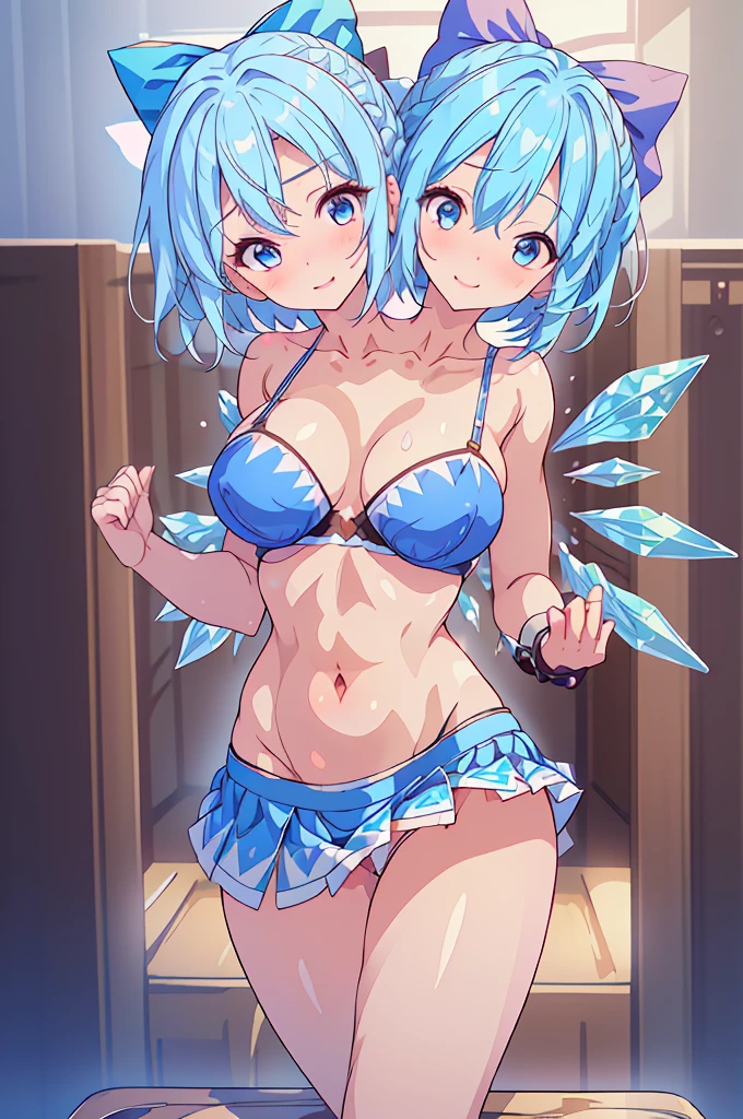 (masterpiece, best quality),best quality, (ultra-detailed), (3heads:1.5), 1girl, (cirno:1.3), masterpiece, best quality, ultra quality, ultra resolution, ultra detail, light blue top, crop top, ((stomach)), midriff, ((groin)), blue skirt, normal ears, shackles, light blue hair, short hair, red eyes, parted lips, very detailed eyes, sweat, cute, toned belly, hand on own chest, eyelashes, smiling, smug, seductive smile, (23 year old woman:1.3), (masterpiece:1.5), (best quality:1.5), (beautiful detailed), extremely detailed CG, extremely delicate and beautiful, depth of field, (finely detailed face), (perfect details:1.2), (mature female:1.3), wide pelvis, slender, large veiny breast, 16k resolution, highres, very high quality, very high definition, extremely detailed, masterpiece, blue hair, short hair, alluring presence, braid, short skirt, close up, very big tits, huge tits, young, ice wings, blue bow,
