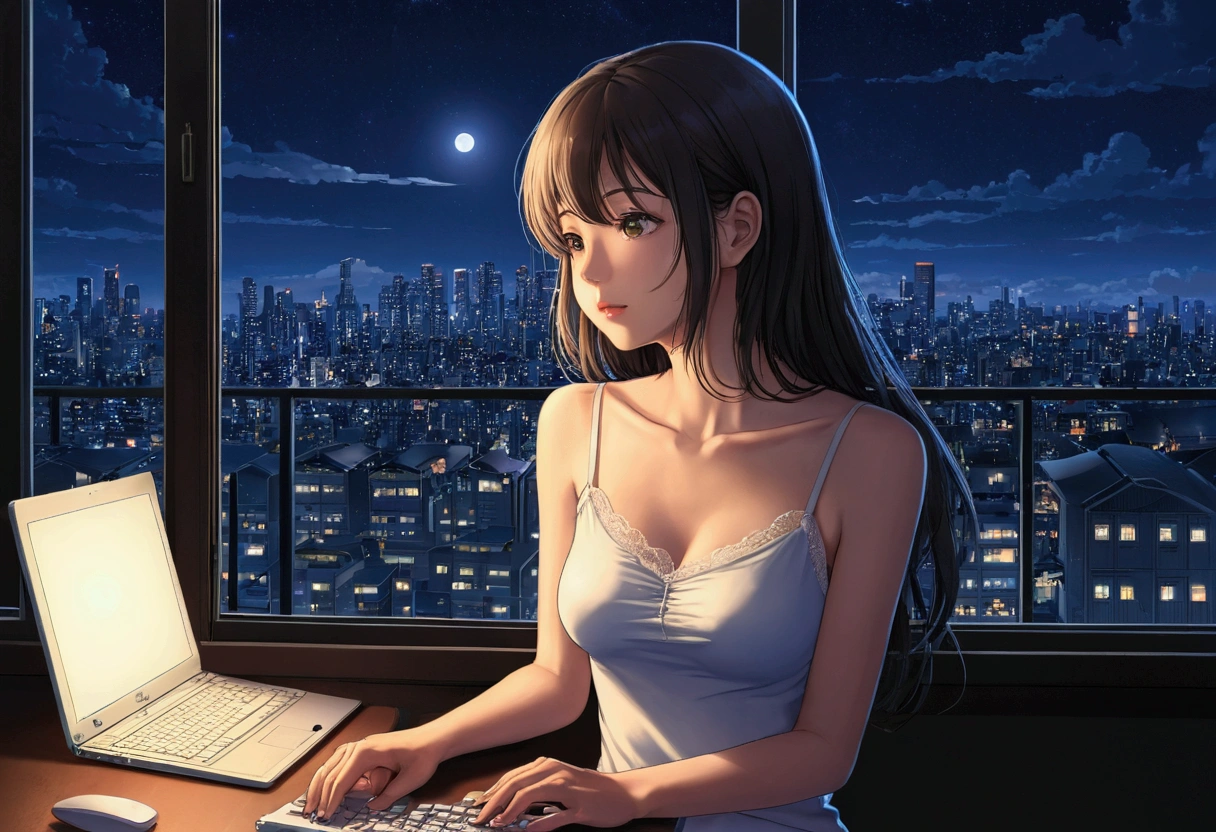 One Girl、think、camisole、chest、Baby Face、Computer work、Window、Night view、Late Night、anime、An illustration