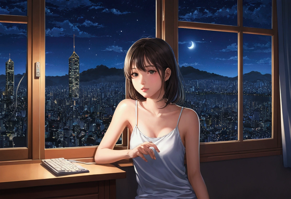 One Girl、think、camisole、chest、Baby Face、Computer work、Window、Night view、Late Night、anime、An illustration