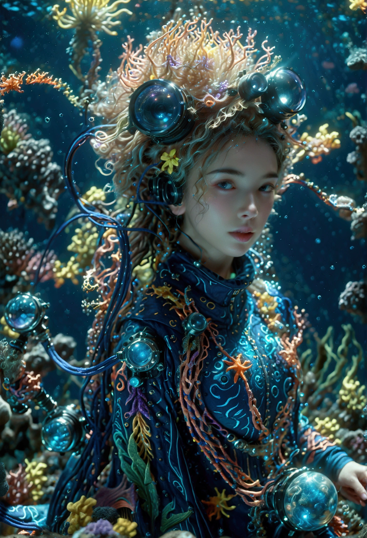 (best quality, Ridiculous, high resolution, extremist detailed, Dynamic angle:1.2), 1girl, mage, Hydromancer, (rich and colorful:1.3), Gorgeous diving jumpsuit, Lama diving helmet, glowing cybernetics, Robe woven with celestial patterns, (cast a spell, occult knowledge, Empower allies, Elemental Water Magic:1.5), Elegant and glowing runes, (underwater:1.2), marine plants, bioluminescence, futuristic, science fiction, (intricate details, hyperdetailed:1.15), (extremisthigh resolution textures), (Volumetric, Dark blue) light, (Full body shot:2.0), (Wide-angle lens:2.0), Bokeh, cinematic, Caustics, depth of field, masterpiece, 8k, award winning, anatomically correct, textured skin, high details