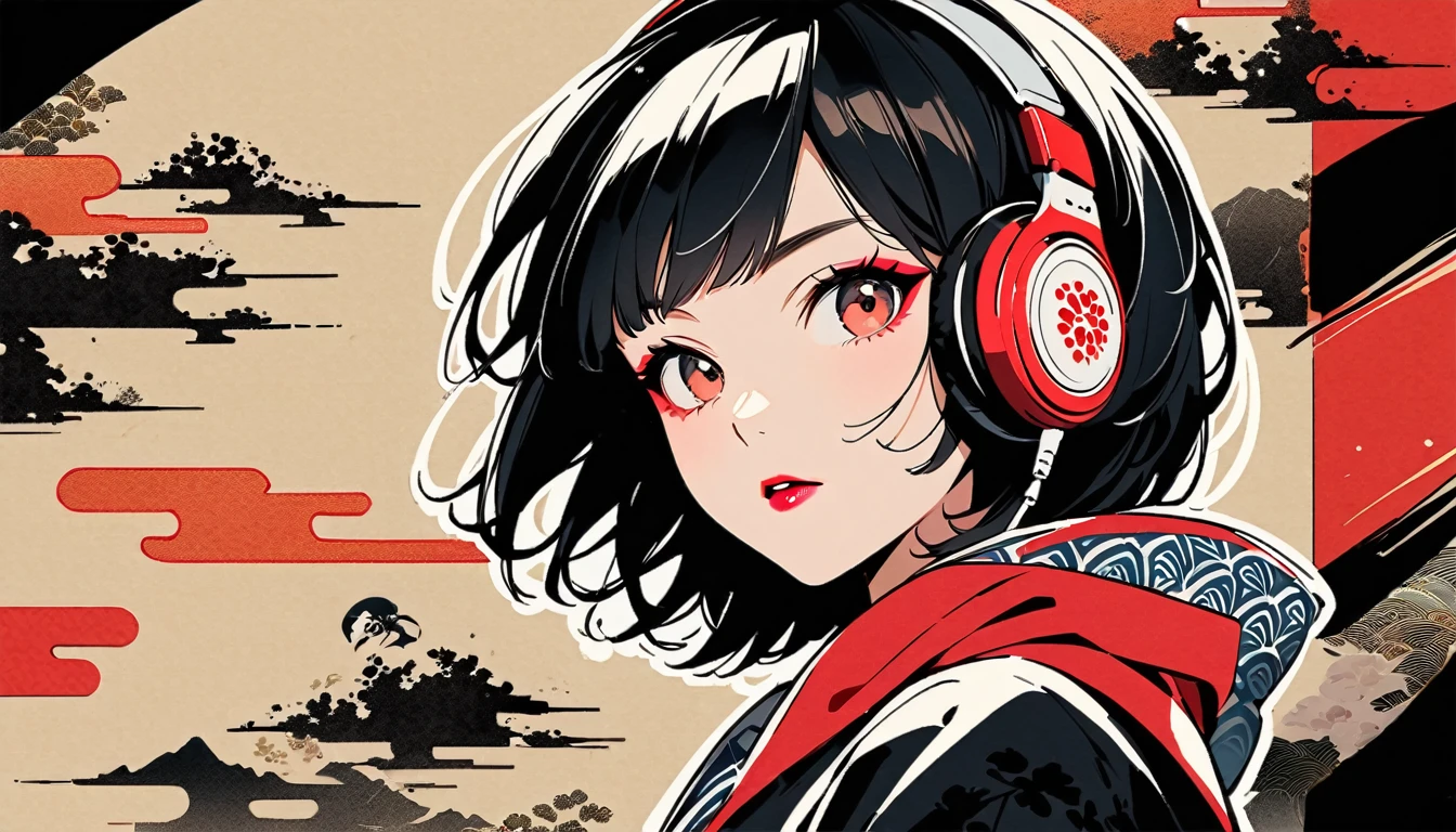 (((Ink Painting))), Fashion portrait color photos, (((from below))), (((Flashy makeup))), (((Japanese style headphones))), (((Japanese pattern hoodie))), (((Put on the hood))), Japan人の少女, Black Hair, metals, Modern ukiyo-e style,Japan, Japanese flag, vivid color