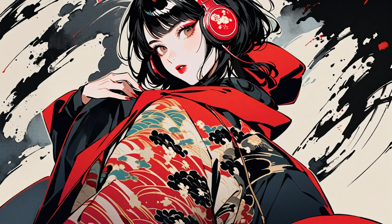 (((Ink Painting))), Fashion portrait color photos, (((from below))), (((Flashy makeup))), (((Japanese style headphones))), (((Japanese pattern hoodie))), (((Put on the hood))), Japan人の少女, Black Hair, metals, Modern ukiyo-e style,Japan, Japanese flag, vivid color