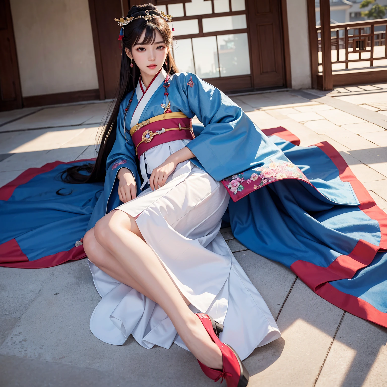 (masterpiece, best quality), ultra detailed, high resolution, 16k, the most beautiful face in the world, perfect face, delicate facial features, highly detailed beautiful face and eyes, shiny skin, highly detailed background, elaborately designed, fine cloth texture, perfect anatomy, BREAK, (gorgeous and stunning lady in hanbok:1.3), perfect make-up, deeply in love, full of elegance, solo, (full body:1.5), Chang Gyeong Gung palace