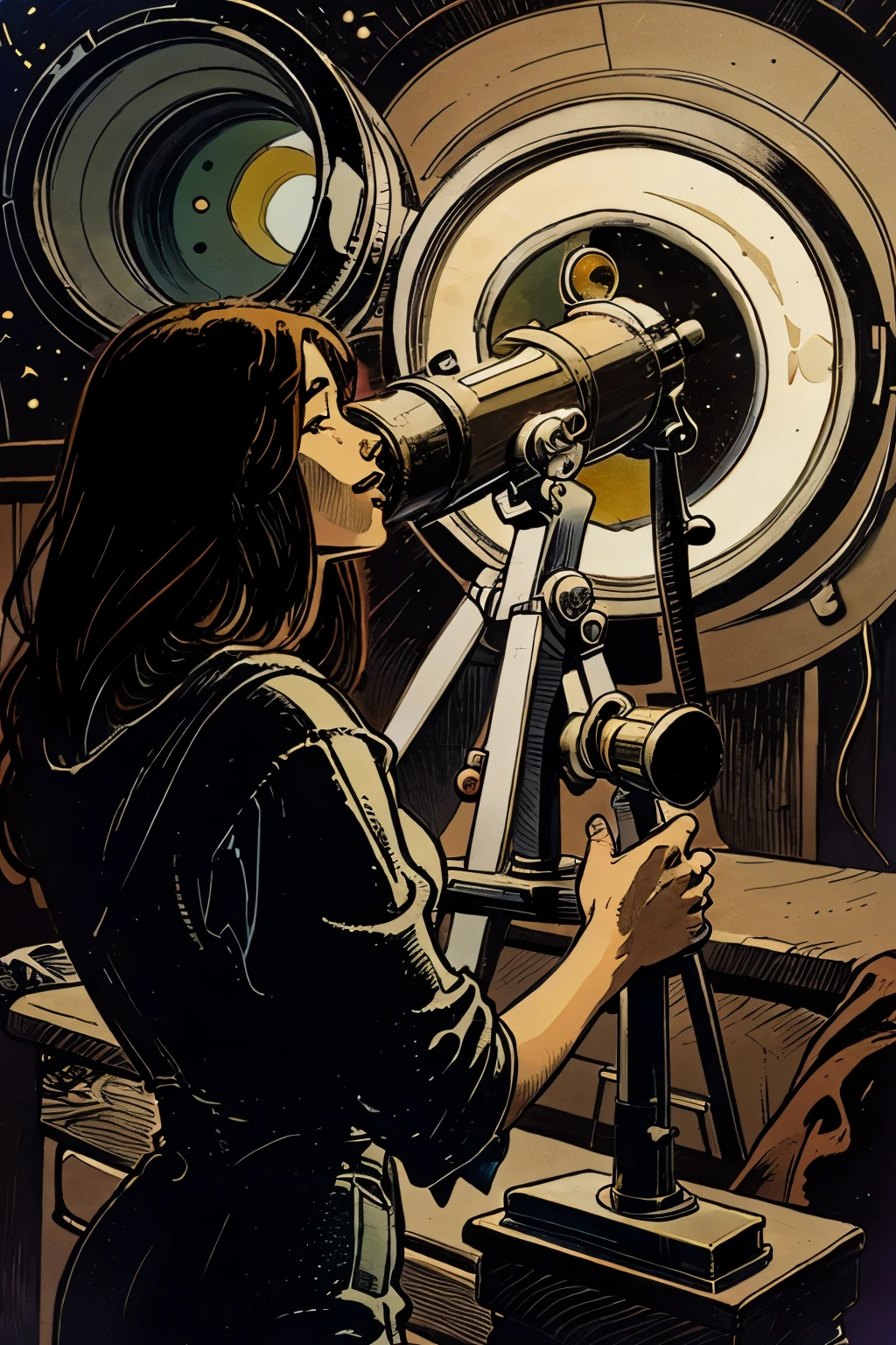 distant view, a beautiful astronomer observing the libra constelation stars through a vintage telescope, intricate art deco details, retro style, cinematic lighting, warm color tones, highly detailed, award-winning digital art, masterpiece