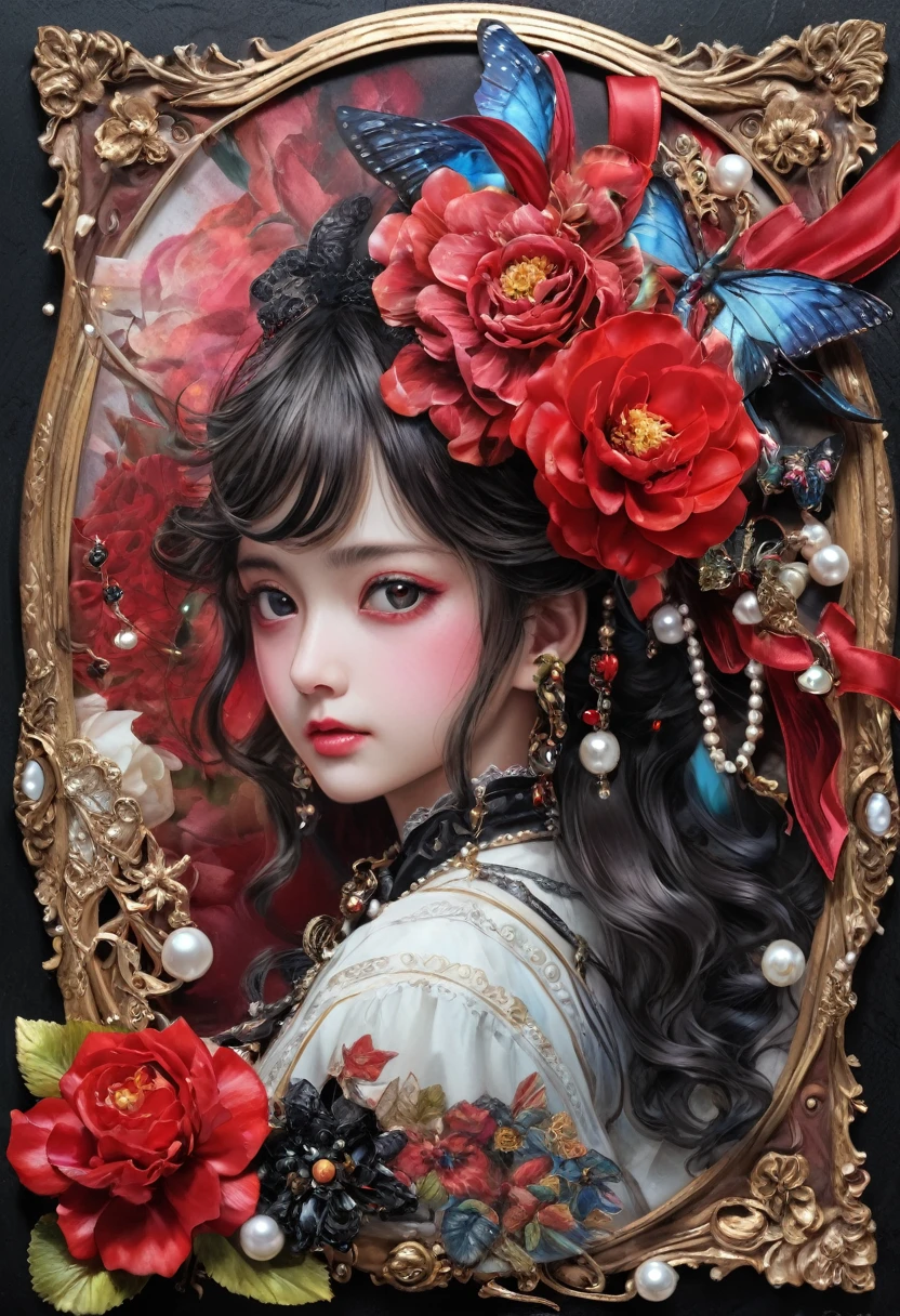 8k, 超High resolution, High resolution, Cinematic, Cinematic image, Intricate details, Realistic, photograph,

Fantasy art style, Collage Sheet、Design Sheet、Picture postcard style、ribbon、flower、Pearl、antique、race、Bow knot、Red and black main、ribbonいっぱい、Pearlいっぱい、

Vibrant Style, Flowing and intermingling colors. Airbrush painting.

