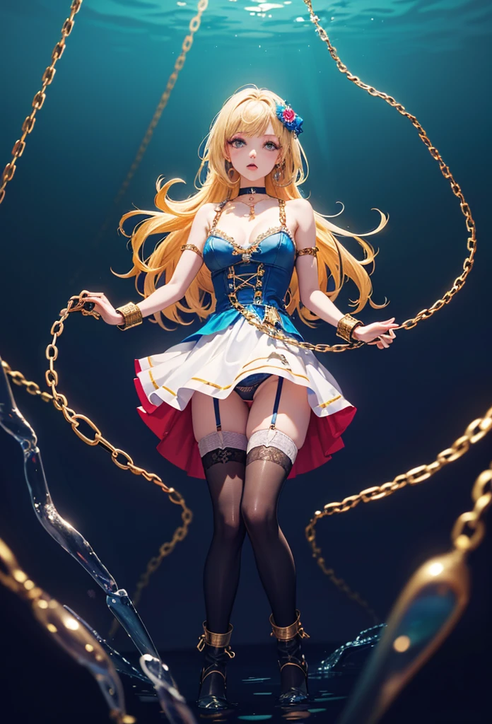 (Photorealistic:1.8, Highest quality:1.8,8K Masterpiece:1.8、Super detailed、Ultra-high resolution、Detailed Background)、((Flat Color))、((colorful))、Multicolored lighting、((Floating colorful water))、Blue background、
Bound Queen、Random Pause、(Chained、Golden Chain、Chained to the body、Chained first round、handcuffs)、Random Sexy Poses、Turn around、Angle from behind、
(Medium Hair、Blonde Hair、hair ornaments、choker)、(Bondage、Mini Dress、choker、Knee-high stockings、garter belt、White biting panties）、Beautiful hip line、TWICE&#39;s Tzuyu&#39; on pause、Beautiful blue eyes、(A rich expression、smile）