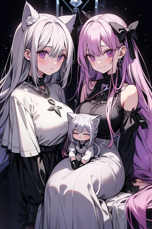Two women. Perfect faces. Perfect hands. A young silver haired woman with violet eyes and silver cat ears and a silver cat tail in a Gothic sweatshirt dress is posing with a pink haired woman with violet eyes and an hourglass figure in a cemetery with big smiles