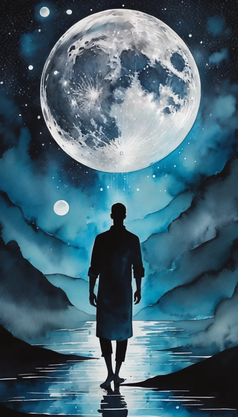 Under a cascading rainfall, delicate drops touching strands of hair and creating silhouettes on the body, various phases of the moon adorning the skin like ephemeral tattoos, a 38 years old man , watercolor style, highlighted by moody, cool tones, rain droplets catch ethereal glow, reflections of lunar phases