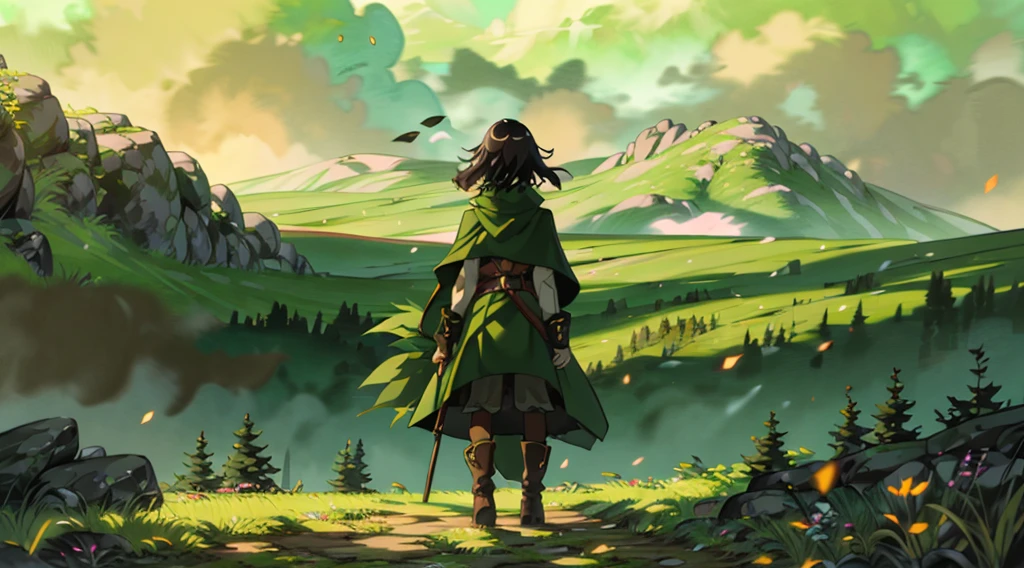 yuichiro hyakuya girl, (WithoutFear:1), 1 girl, black hair, green eyes, brown coat, gray armor, elves, sylvan, green shield, green cloak, dark brown gloves, forest, white fur trim, anime, standing, good quality, portrait, looking at viewer