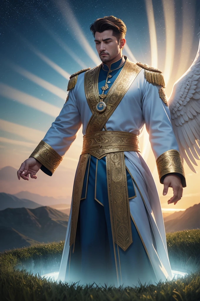 3D Disney-style illustration of a powerful angelic army standing behind a confident man in prayer, glowing with divine light, surrounded by a serene landscape at dawn"