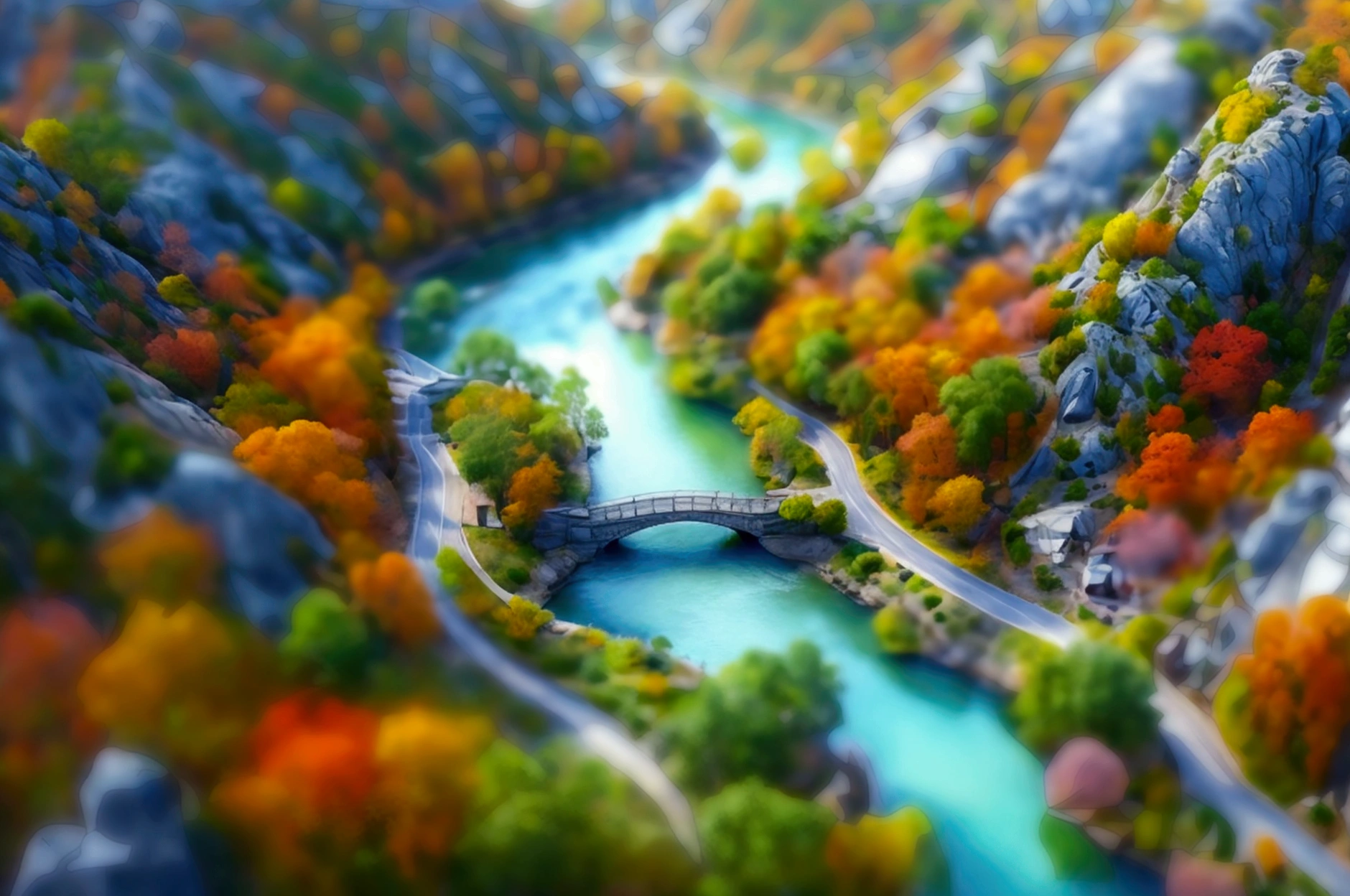 Aerial Vision，There is an S-shaped river on the ground，Beautiful colors，Light and shadow，Elegant colors，reality，HD，photography。