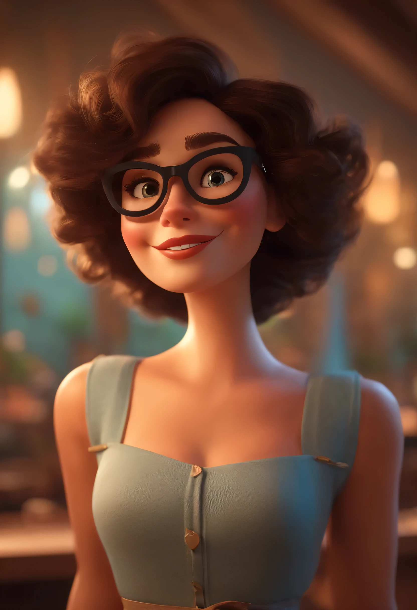 Imagem estilo pixar com personagem 3D óculos brancos morena mulher cabelo curto cacheado dançando, Disney makeup,fisherman, cute, smiling ,close up, pixar, Disney, Cinema lighting,