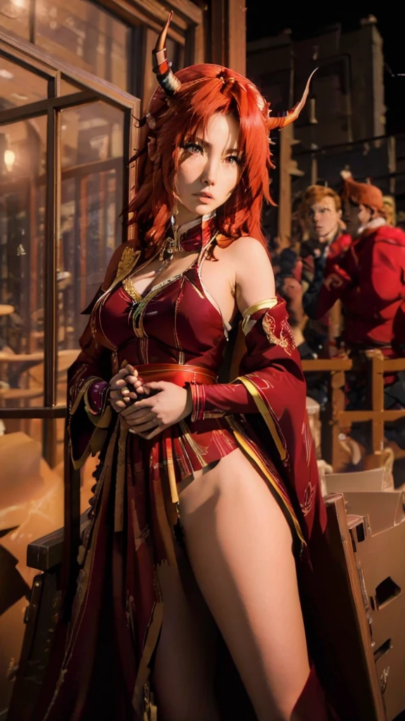 Create a mesmerizing digital painting depicting the serene beauty of an city building scene. Red blood everywhere. In the center of the scene portray a young beautiful woman sitting on a throne, ((perfect figure)), with flowing red hair, ((she has horns on her head)), ((red eye)), wearing a sexy red and black dress. Capture her graceful presence as she interacts with the natural elements around her, infusing the city with an aura of tranquility and magic. It is night time.mujer desnuda