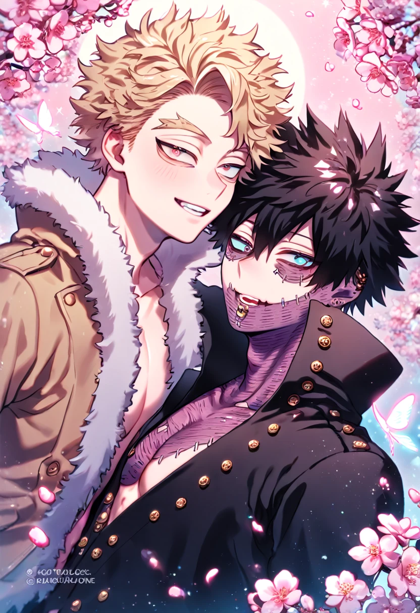 absurdres, highres, ultra detailed, HDR, master piece, best quality, extremely detailed, Hawks, ash-blonde hair, expressive golden-brown eyes, Boku No Hero Academia, Dabi, black hair, expressive turquoise eyes, two sexy men together, yaoi, gay coupe, handsome, sensual, brown coat with fur collar, black coat, magical, sparkling, pink glittering fireflies, pink ice, pink ice butterflies, pink ice petals, pink ice cherry blossoms, pink crystal, pink flowers, pink moon