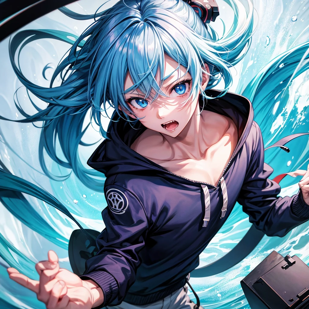 anime boy with mokey teeth and blue eyes in a hoodie de mokey, anime boy alto con ojos azules, 2D anime style, anime boy, anime art wallpaper 8k, 4k anime wallpaper, 4k anime wallpaper, anime art wallpaper 4k, anime art wallpaper 4k, 4K anime style, awesome anime face portrait, 4k anime wallpaper, trigger anime art style