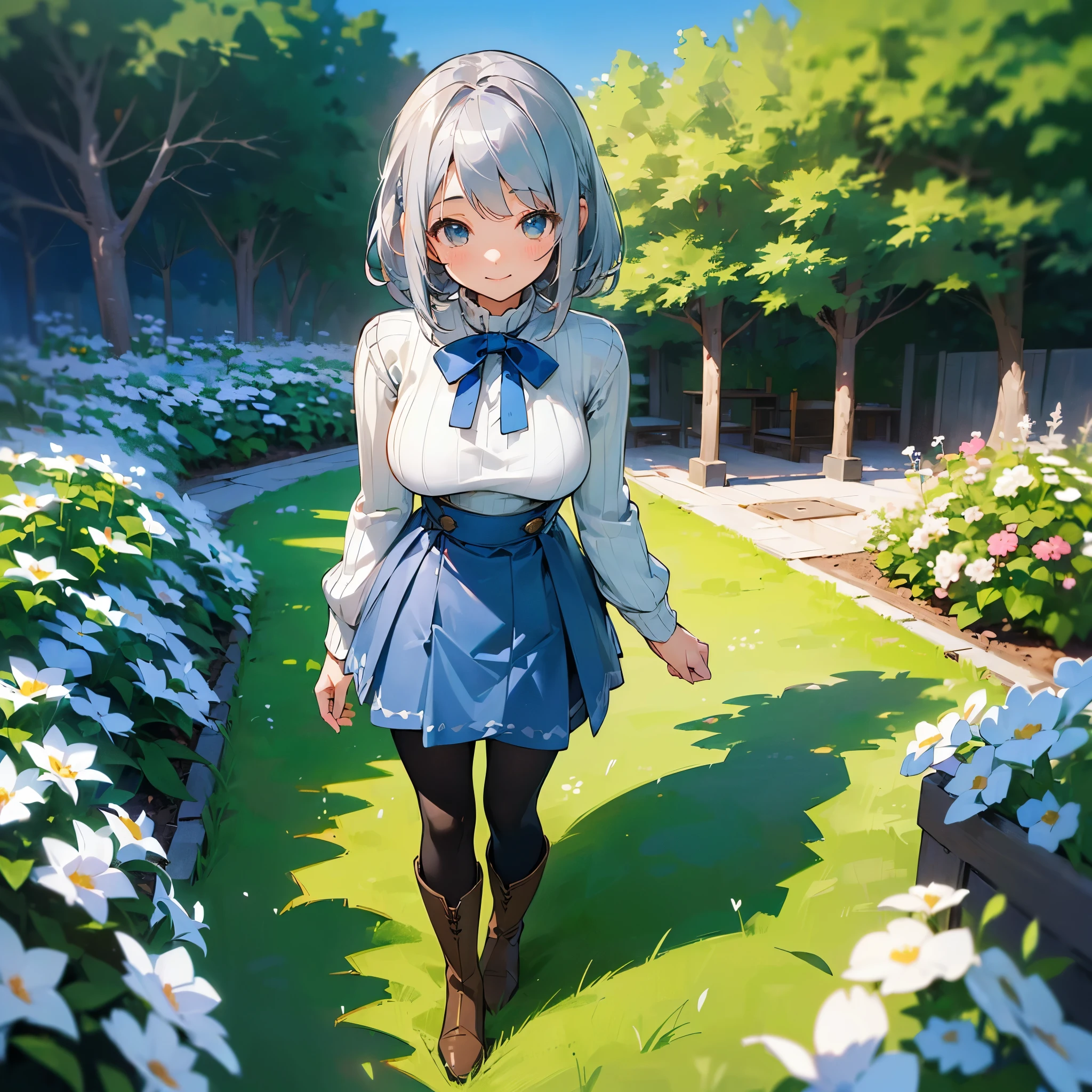 (high quality, High resolution, Very detailed, reality:1.37), Peaceful atmosphere, (Outdoor, garden), Teenage girl standing alone, (my breasts are big.), Beautiful details, Cute Smile, (Silver Hair Bob Hair), Ribbed sweater, Blue Skirt, Black tights, Brown boots.