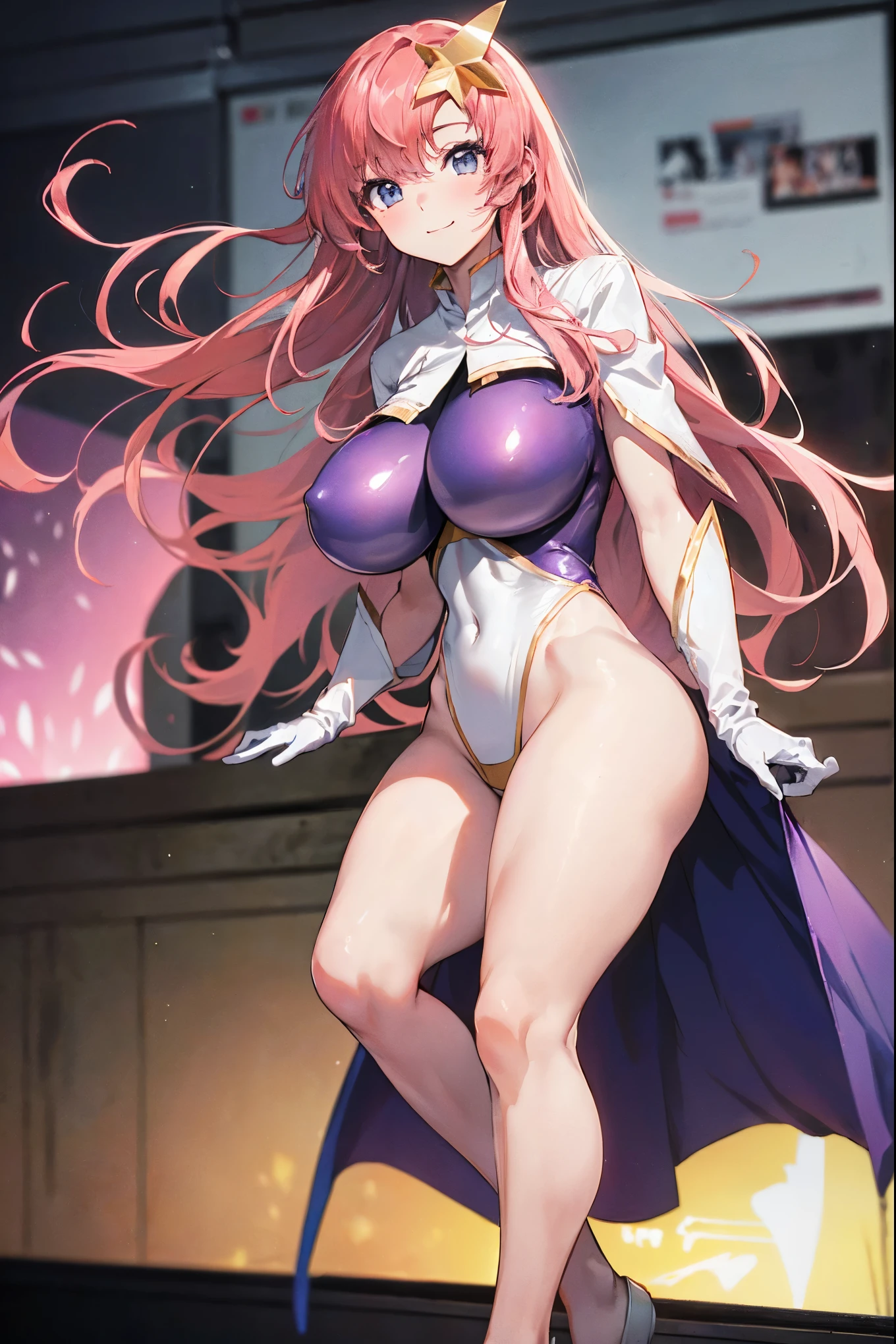 (masterpiece)、(Highest image quality)、(Super detailed)、(extremely detailed)、4K、(8K)、Highest image quality、(beautiful)、
more campbell, 1 _girl, star hair ornaments, hair ornaments, pink hair, long hair, gloves, Leotard Purple leotard, white leotard, leotard that bites、(gigantic_tits:1.2)、thick thighs、,light smile、dynamic pose、gravure、dynamic angle、noise removal、emphasis on crotch、chest enhancement,open_legs