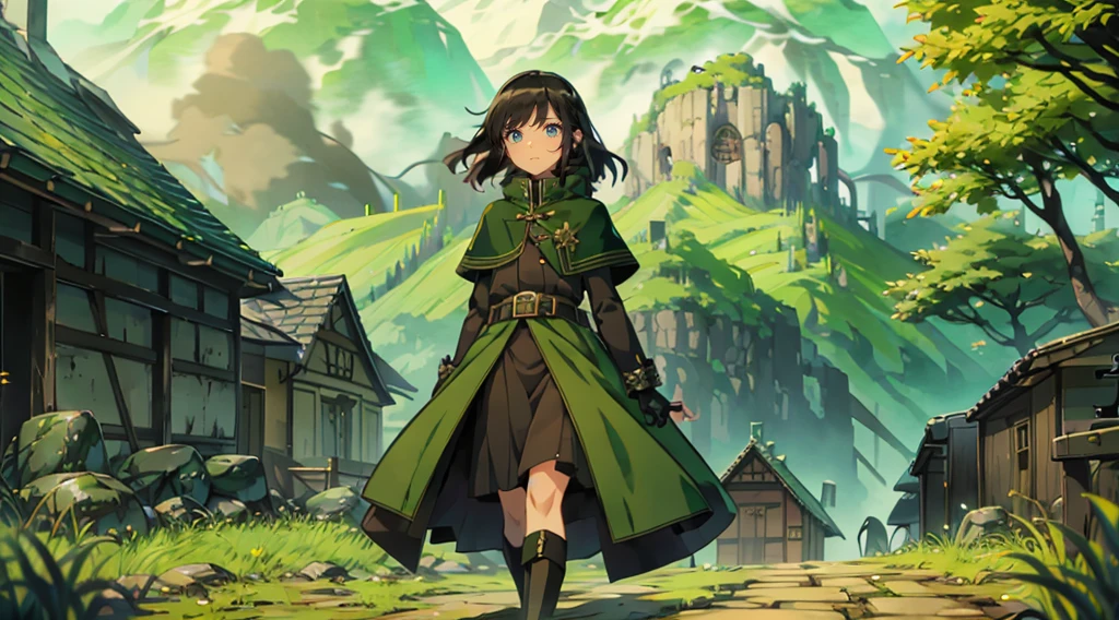 yuichiro hyakuya girl, (WithoutFear:1), 1 girl, black hair, green eyes, brown coat, gray armor, elves, sylvan, green shield, green cloak, dark brown gloves, forest, white fur trim, anime, standing, good quality, portrait, looking at viewer