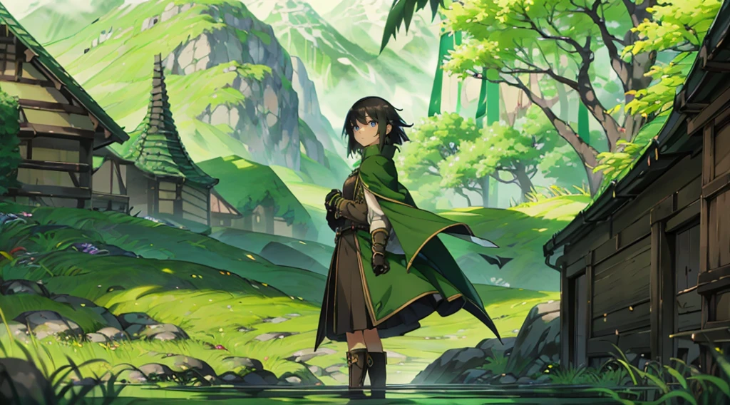 yuichiro hyakuya girl, (WithoutFear:1), 1 girl, black hair, green eyes, brown coat, gray armor, elves, sylvan, green shield, green cloak, dark brown gloves, forest, white fur trim, anime, standing, good quality, portrait, looking at viewer