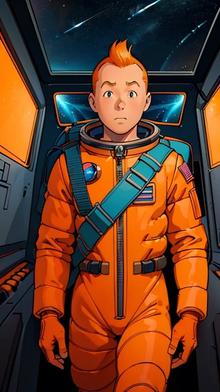 (Teens:1man: Tintin), (extremely detailed CG unit 8k wallpaper),(master part), (best quality), (ultra detali), (best illustration),(coralinefilm), cowboy shot, (Sharp eyeliner, ombre, detailed eyes:1),Dark midnight derelict spaceship interiors background, ,break , (astronaut in an orange space suit), upper body, short hair, orange hair