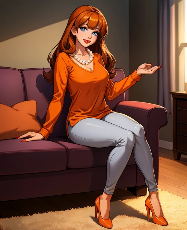 Masterpiece, intricate details, full body portrait, front view, 1female, solo, 38 year old female, adult female, long brown hair, bangs, blue eyes, red lipstick, mascara, medium breasts, red manicured nails, looking at viewer, whimsical expression, calm smile, cleavage ((Wearing: Orange V-neck shirt with long sleeves, pearl necklace, grey leggings, and heels)), standing, looking at viewer, (Background: Indoors, living room, couch, TV),