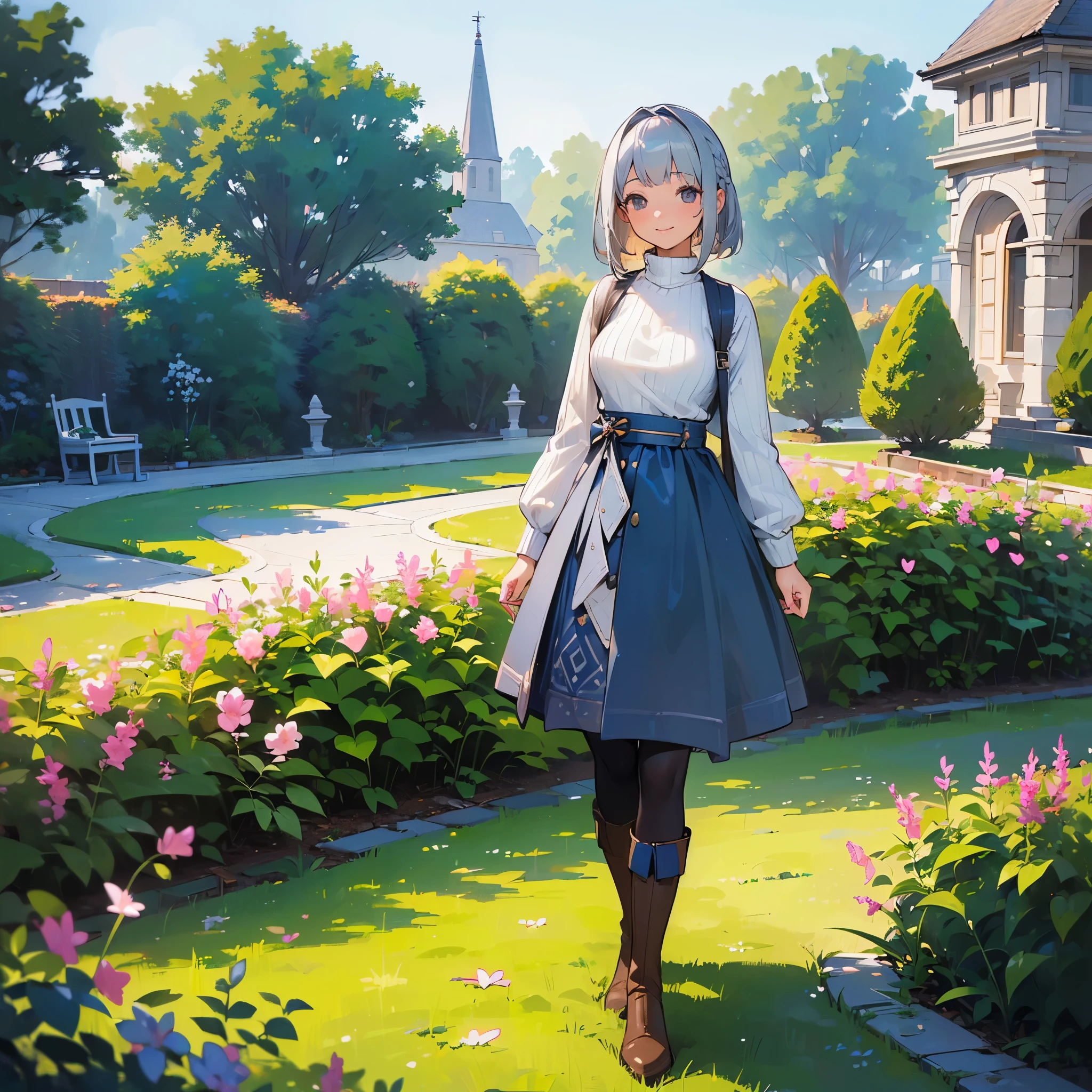 (high quality, High resolution, Very detailed, reality:1.37), Peaceful atmosphere, (Outdoor, garden), age girl standing alone, (my breasts are big.), Beautiful details, Cute Smile, (Silver Hair Bob Hair), Ribbed sweater, Blue Skirt, Black tights, Brown boots.