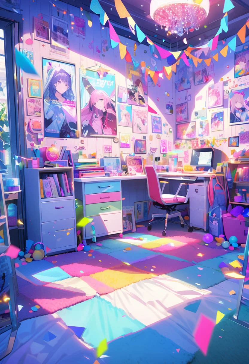 In Lydia's room, a dazzling display of bright colors illuminated the space, creating an atmosphere of joy. The multicolored garlands danced to the rhythm of bubbly pop music, while the walls were adorned with posters of celebrities, their frozen smiles capturing the moment.