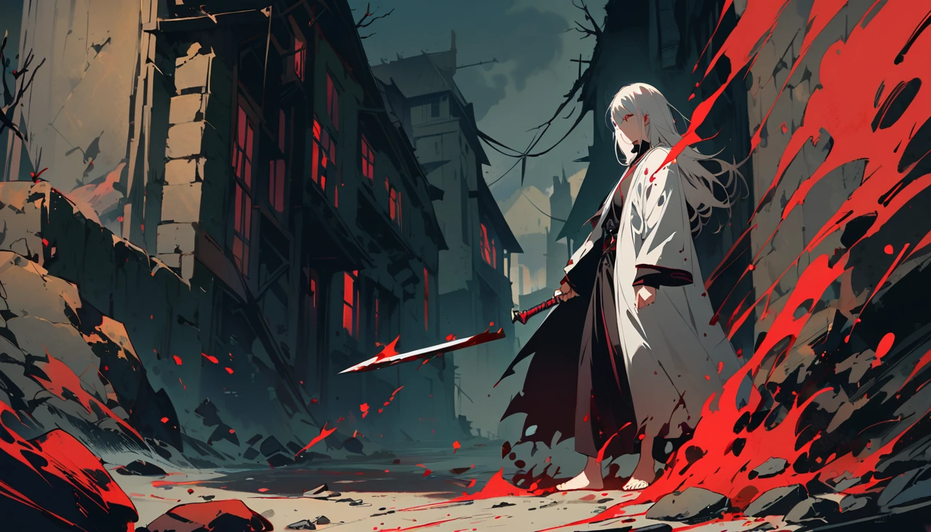 Terrible warrior,Holding a fierce knife,Wearing a tattered black robe,long white hair,Bright red eyes,barefoot,intimidating presence,((blood splattered)),dark and mysterious,twisted branches,The fog came in,The moonlight illuminates the scene.,dark palette,Subtle oranges and reds,Ruined stone buildings,Remote places,mysterious aura,unforgettably beautiful.