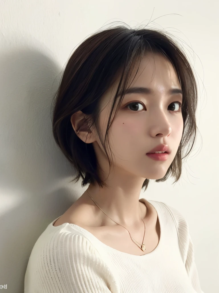 (highest quality、8k、32K、masterpiece、nffsw:1.2)、cute japanese women photos、long sleeve dress、very short bobbed hair、Upper half of body、surface focus、extra large size_sweater、necklace、simple background、From above、looking at the viewer、mix 4、(8k、Raw photo、highest quality、masterpiece:1.2)、(realistic、Photoreal:1.37)、1 girl、cute、professional lighting、photon mapping、Physically based rendering、shortcut、short hair、Handsome、girly、excellent image quality、High resolution、1080P、(clean face)、(Detailed facial description)、(detailed description of handasseter muscle part)、(Detailed CG)、 extreme light and shadow、hair is dirty、masterpiece、Rich details、(exquisite features)、(best image quality)、(masterpiece)、(detailed eye)、looking forward to your eyes、delicate clavicle、Versatile poses、profile、white wall、Taken in front of the white door、(A room with a white wall and a window)、Spring clothes、Simple necklace,Don'don't watch the mela