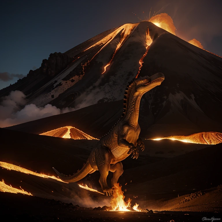 Promt. Draw a dinosaur, coming from the mountainside, against the background of a volcano spewing lava.