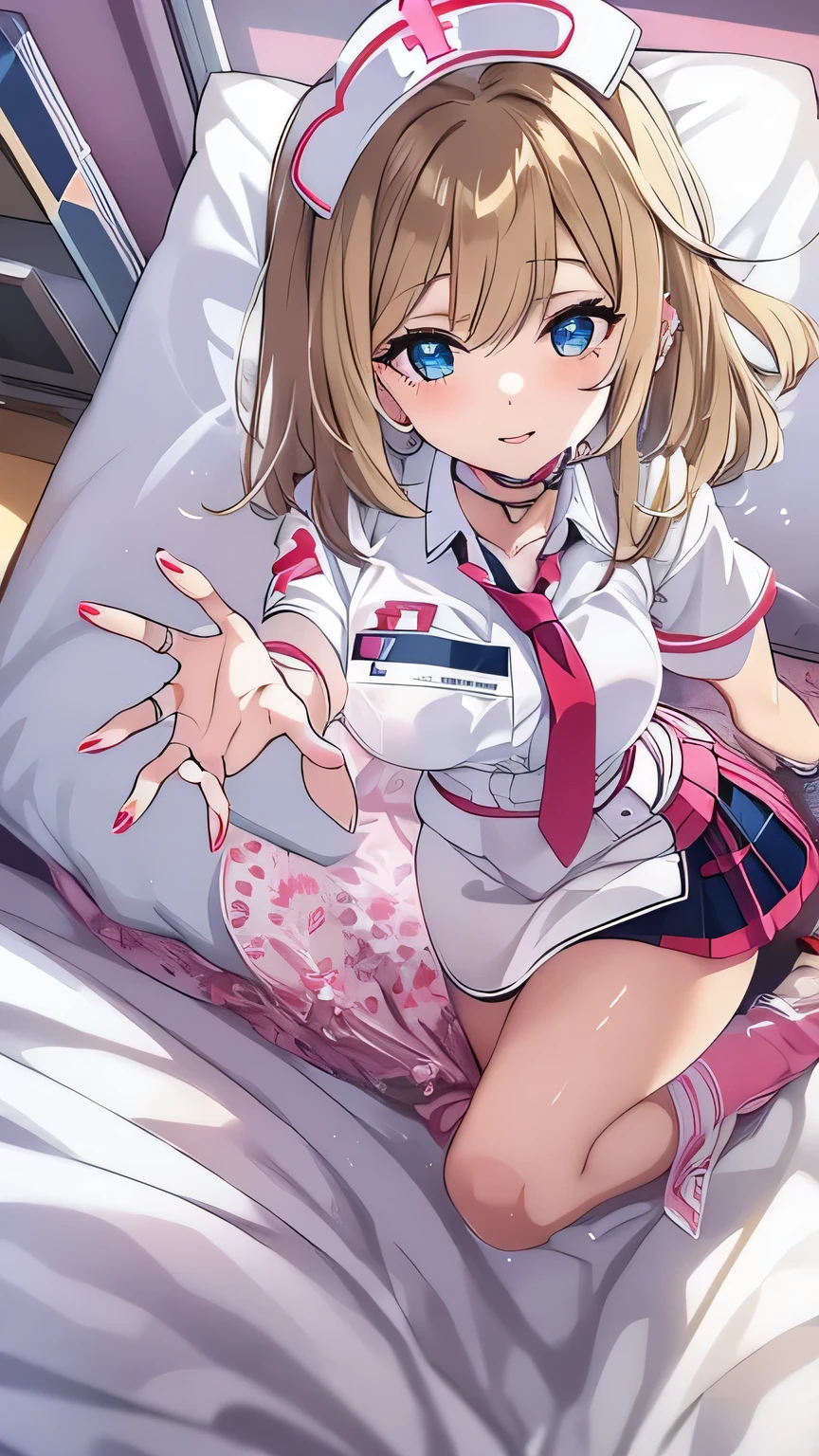 Highest quality, Unreal Engine, Ultra-high resolution, nurse, Hospital bed, Sparkling Eyes, Natural Lip, Beautiful breasts, Skirt length above the knee, Random sexy poses,((Beautiful fingers)),((10 fingers))