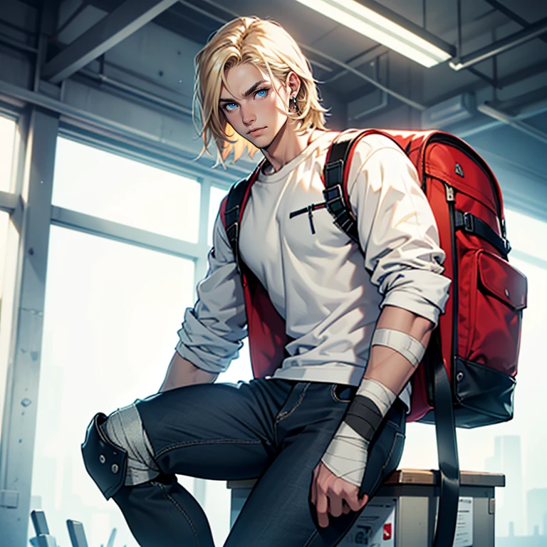 ((masterpiece)), (((best quality))), solo, 1 male, dystopian world, pale white skin, very light blonde hair, medium hair, bob hair style, straight hair, handsome young man, blue eyes, lean, tall, slender, tight pants, jacket, white t-shirt, bandages, elbow and knee pads, backpack, simple earrings, highest quality, highly detailed, original, high resolution CG Unit 8k wallpaper, (best quality, artwork, masterpiece, 4k)