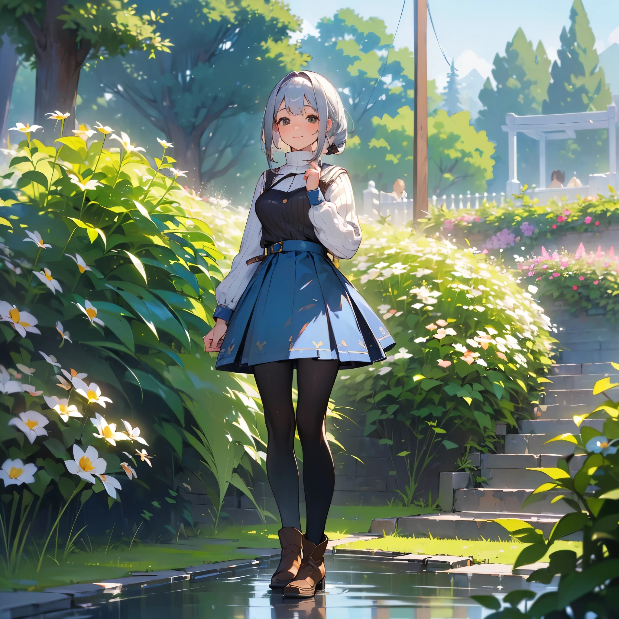 (high quality, High resolution, Very detailed, reality:1.37), Peaceful atmosphere, (Outdoor, garden), Teenage girl standing alone, (my breasts are big.), Beautiful details, Cute Smile, (Silver Hair Bob Hair), Ribbed sweater, Blue Skirt, Black tights, Brown boots.
