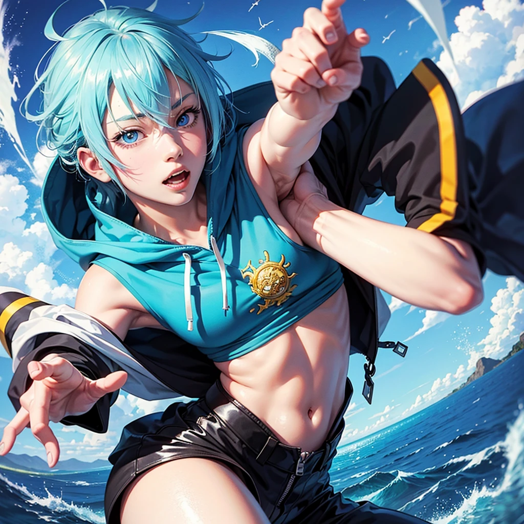 anime boy with mokey teeth and blue eyes in a hoodie de mokey, anime boy alto con ojos azules, 2D anime style, anime boy, anime art wallpaper 8k, 4k anime wallpaper, 4k anime wallpaper, anime art wallpaper 4k, anime art wallpaper 4k, 4K anime style, awesome anime face portrait, 4k anime wallpaper, trigger anime art style