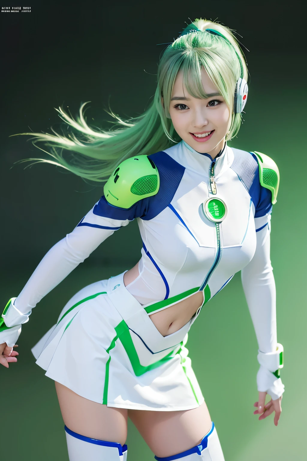 (Highest quality, High resolution, masterpiece:1.2), 非常にdetailed, Realistic:1.37, (Perfect Anatomy),1 girl,actress, Cowboy Shot, A cute and beautiful 22-year-old Asian woman, (Transform into a cute cyber girl),Standing posture,(Laughter:1.3),Very cute face,Beautiful Eyes,(Wearing a futuristic wearable device:1.2),Silk scarf,Beautiful Skin, detailedな顔の特徴, Complex Hair, (detailed: Cute tight futuristic white and green plug suit with cute design skirt and boots),Futuristic necklace,, Attractive idol makeup,Shiny green hair tied up,The background is psychedelic artificial intelligence